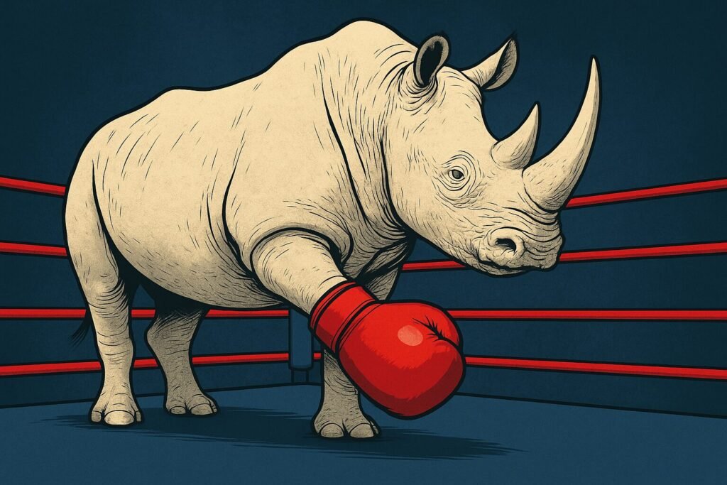 A stylised digital illustration of a white rhino standing in a boxing ring, wearing a red boxing glove on one front leg — symbolising the “White Rhino” nickname and the spirit of the Dave Allen comeback.