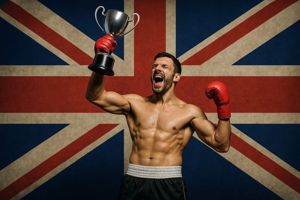 A victorious British boxer lifts a silver trophy triumphantly in front of a large Union Jack flag, symbolising national success and unity — a striking visual metaphor for the potential of a reformed British boxing structure.