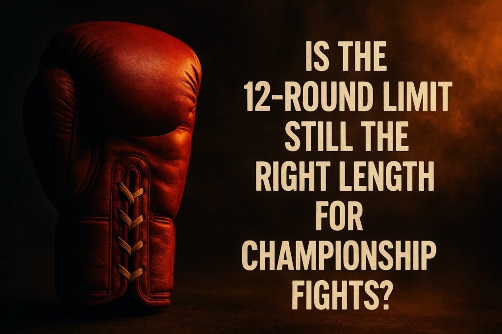 A dramatic landscape image featuring a worn red boxing glove under warm lighting on the left, with bold text on the right reading “Is the 12-round limit still the right length for championship fights?” — visually supporting the theme of 12 round boxing debates.