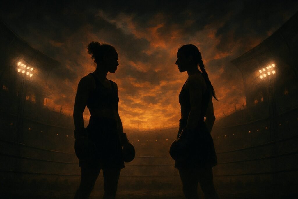Silhouettes of Natasha Jonas and Katie Taylor face each other in a dramatic cinematic boxing landscape. The scene is set in a vast arena under a stormy sky, lit by the fading glow of sunset, symbolising the tension and legacy at stake in a potential Natasha Jonas Katie Taylor rematch.