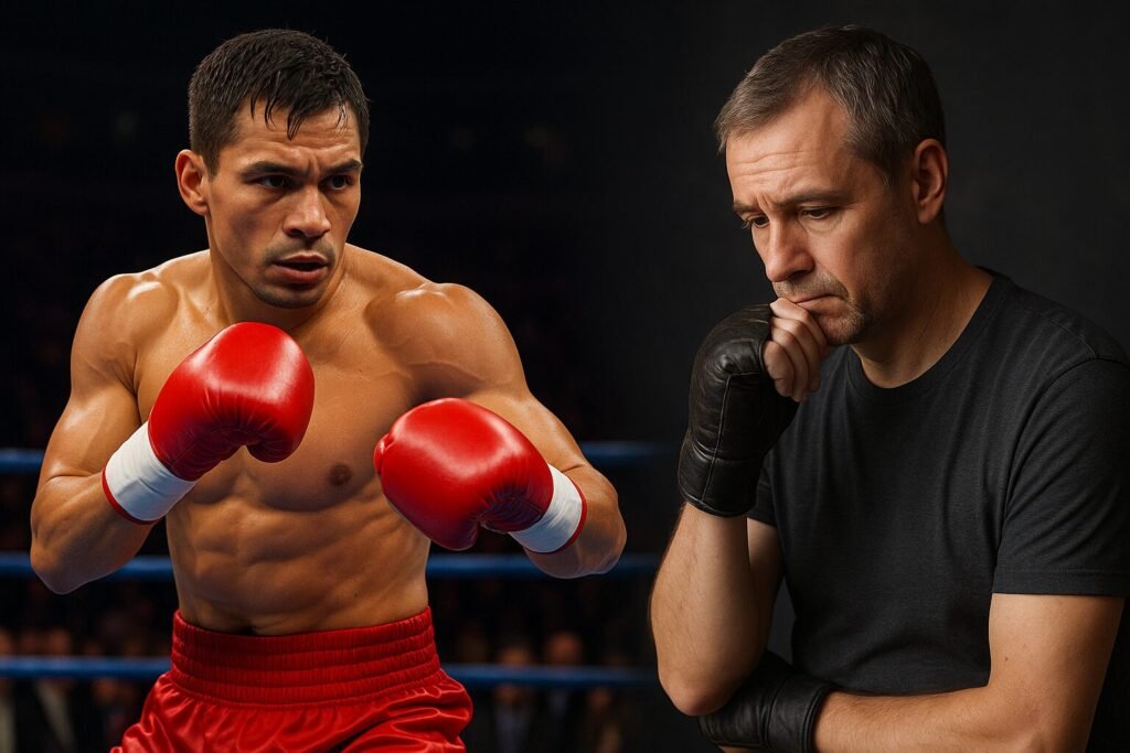 A split-image showing a generic boxer in his prime, focused and ready in the ring with red gloves, alongside an older boxer wearing worn black gloves, standing thoughtfully with a serious expression — symbolising the internal struggle of a potential return. Represents the theme of a Manny Pacquiao comeback fight.