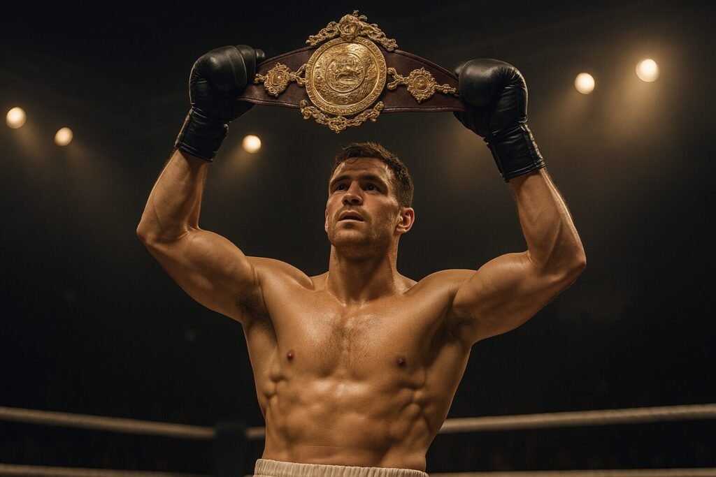: A photograph features a victorious, muscular, light-skinned male boxer in the ring, proudly holding the historic Lonsdale Belt above his head under warm arena lights, representing British title fight relevance.