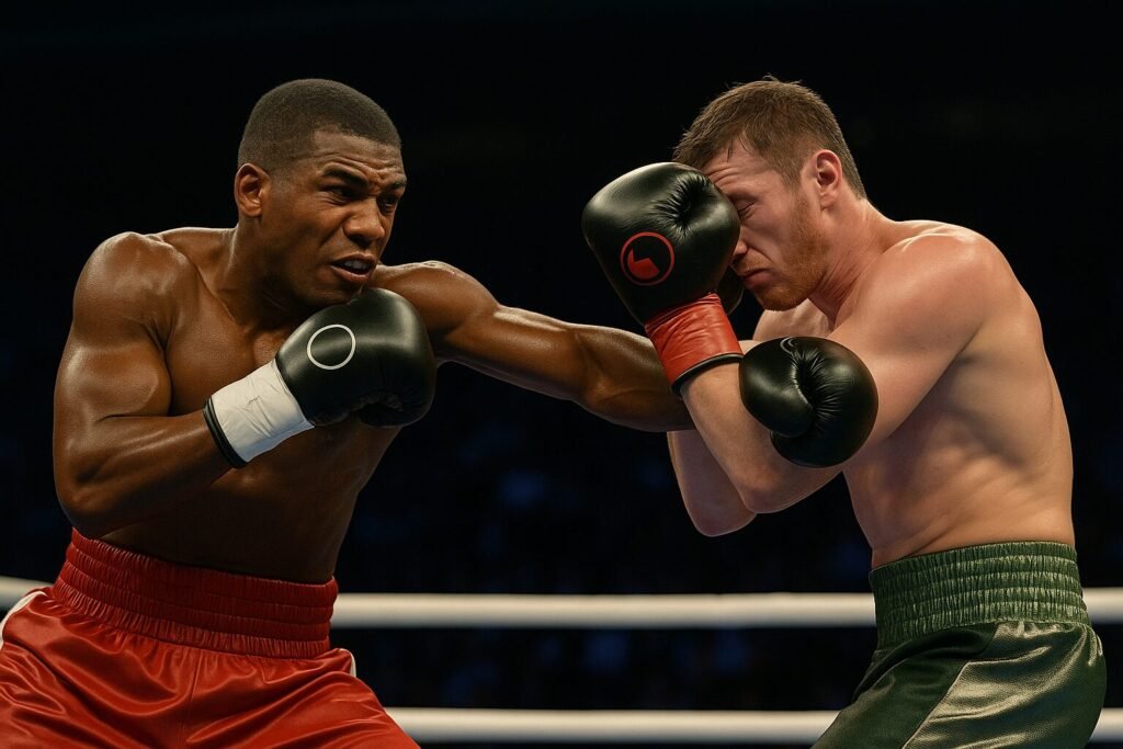 A high-resolution action shot of two professional boxers mid-fight, with one repeatedly looking to land a right hook while neglecting defence and other punch options. The image highlights one of the most overrated boxing techniques — the overused hook — as the opponent easily blocks it, exposing the punch’s limitations in elite competition.