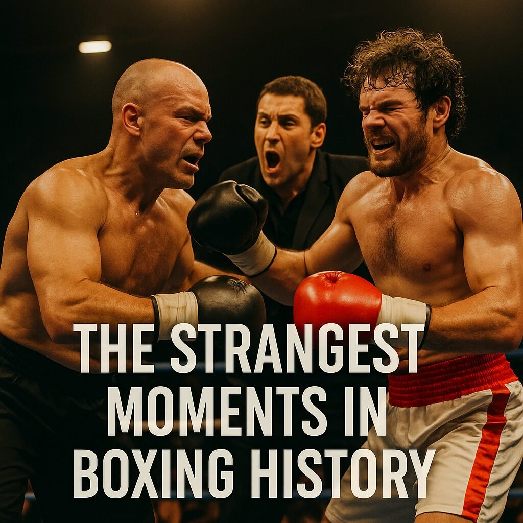 A dramatic boxing scene featuring two fighters clashing in the ring as a referee and shouting man intervene, capturing one of the strangest boxing moments in history under intense lighting.