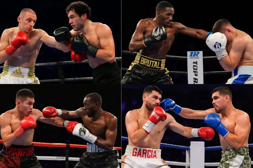 A collage of four boxing action shots showing different fighters in the ring. The top row features boxers engaging in competitive exchanges, while the bottom row shows one-sided bouts suggestive of padded matchups. The image contrasts boxers fighting the best with those protecting an undefeated record. A visual critique of boxing's undefeated obsession.