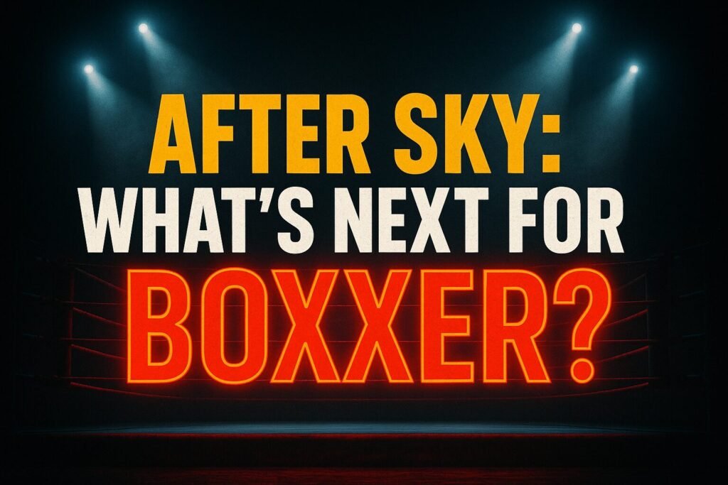 A bold digital graphic design features the question “After Sky: What’s Next for BOXXER?” in large, high-impact text. “After Sky” appears in sharp yellow, while “BOXXER?” glows in vivid red neon. The background shows a darkened boxing ring under piercing blue spotlights, creating a dramatic and cinematic atmosphere that reflects the uncertainty of the Boxxer Sky future.