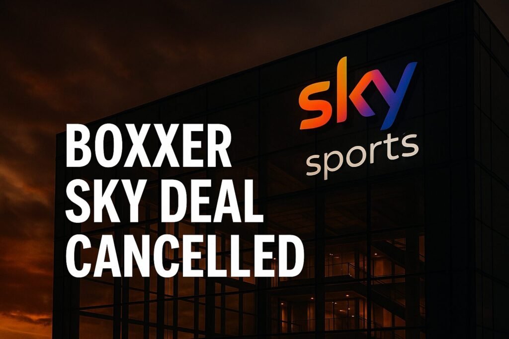 A cinematic, dramatic digital image showing the Sky Sports headquarters at dusk, with bold text reading "Boxxer Sky Deal Cancelled" — representing the end of the broadcast partnership.