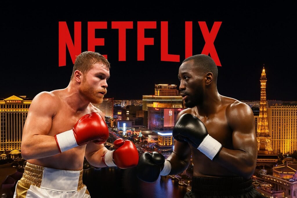 Canelo Álvarez and Terence Crawford face off in boxing stances against the backdrop of the Las Vegas Strip at night, with the red Netflix logo towering above them in the sky.