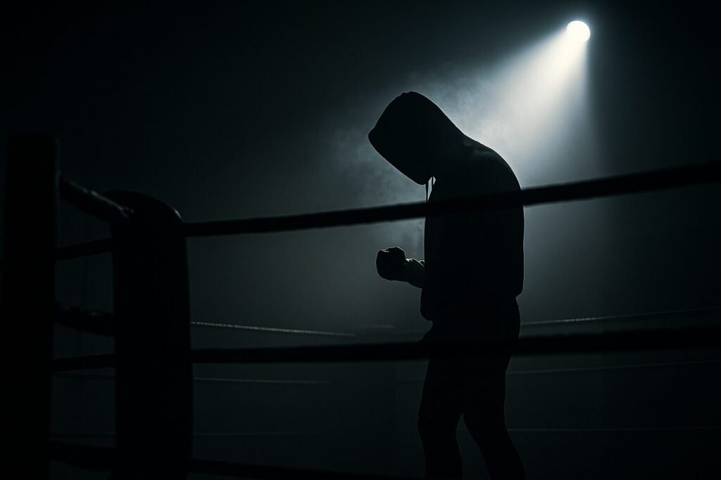 A dramatic, high-contrast photograph captures a male boxer in a hooded top, standing alone in a dark boxing ring under a single spotlight, cutting weight. This conceptual image highlights the isolation and intensity behind the Chris Eubank Jr sauna controversy.