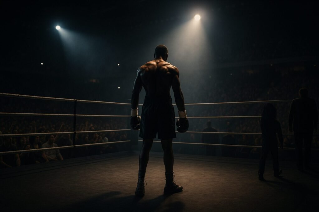 A cinematic digital image of a boxer standing alone in the centre of a spotlight-lit ring, facing a packed hometown crowd — symbolising reflection and finality in the Wilder Herndon return.
