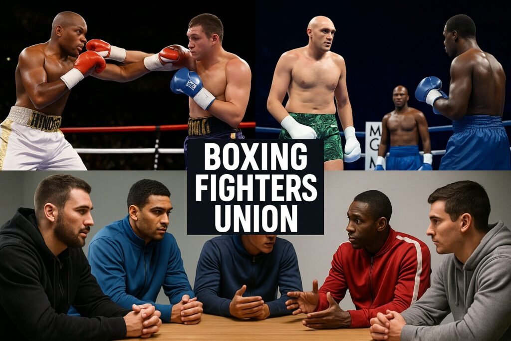 A composite digital image illustrating the concept of a boxing fighters union. The top half features two intense in-ring moments between professional boxers in major arenas. The bottom half shows a group of boxers in tracksuits gathered around a table, deep in discussion, representing unity and advocacy. Bold central text reads “Boxing Fighters Union,” visually linking the action and the conversation.