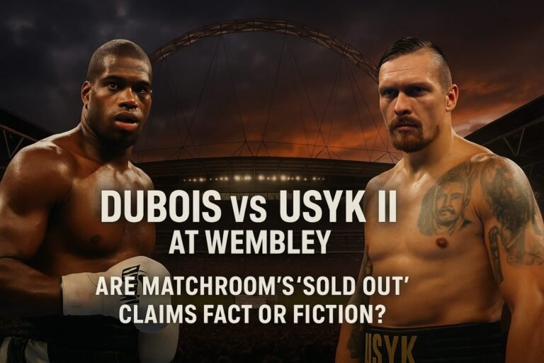 Promotional digital composite image for Dubois vs Usyk II at Wembley, with a dramatic sunset over the stadium and both fighters facing forward; includes the headline “Dubois vs Usyk II at Wembley – Are Matchroom’s ‘Sold Out’ Claims Fact or Fiction?” to highlight the Dubois Wembley ticket sale debate.