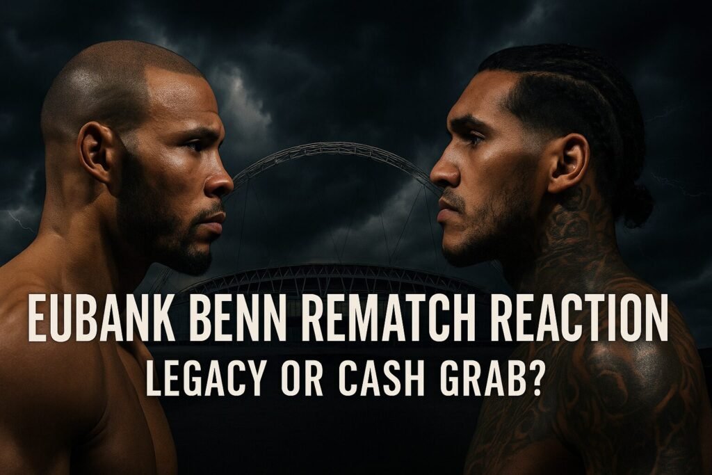 Promotional image showing Chris Eubank Jr and Conor Benn in an intense face-off, set against a stormy sky with Wembley Stadium in the background. Dramatic lighting highlights their profiles as bold text reads: “EUBANK BENN REMATCH REACTION — LEGACY OR CASH GRAB?” representing the high-stakes tone of the upcoming boxing rematch.