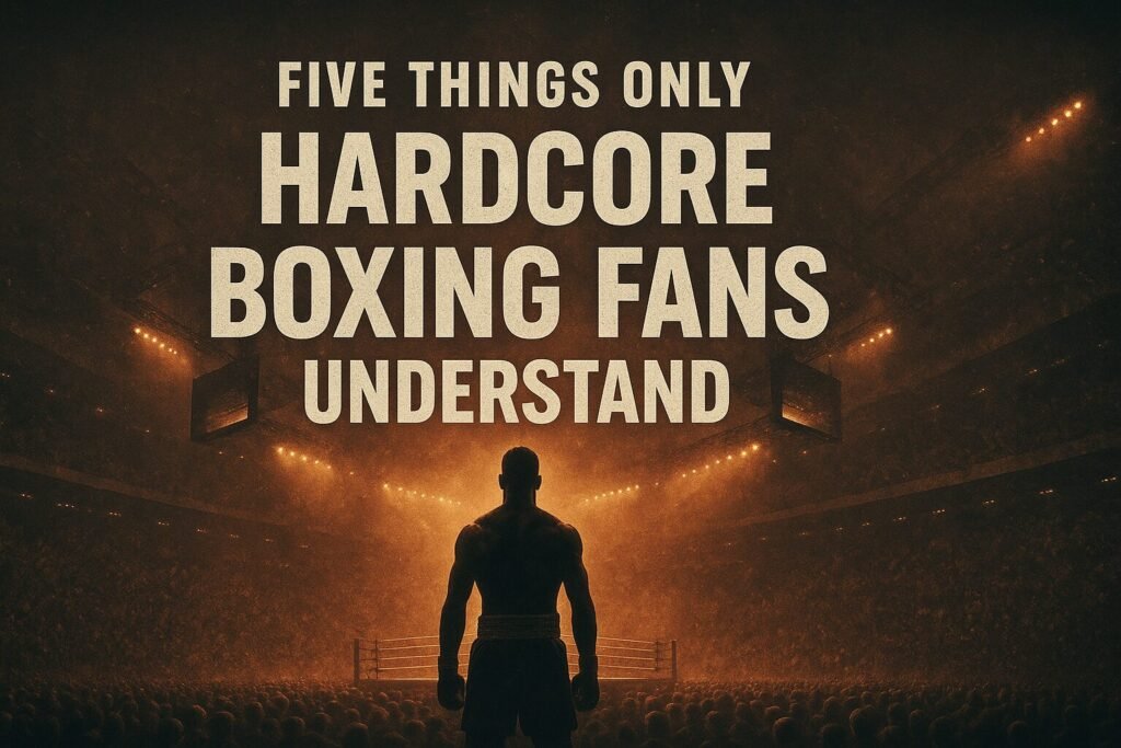 Cinematic landscape image of a boxer facing a packed, dimly lit arena with the headline “Five Things Only Hardcore Boxing Fans Understand” above, representing the passion and chaos behind boxing fan truths.