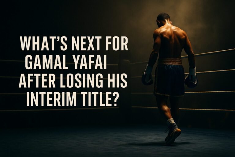 Gamal Yafai future – dramatic boxing ring scene with spotlight, showing a lone boxer walking away after defeat, overlaid with the title text.