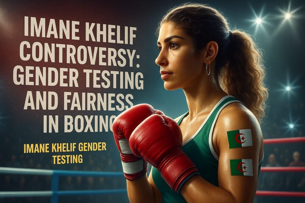 Algerian female boxer stands in a spotlight-filled arena wearing red gloves and a green vest, with two Algerian flags on her arm. Bold text reads ‘Imane Khelif Controversy: Gender Testing and Fairness in Boxing.’ This image represents the ongoing debate around Imane Khelif gender testing and fairness in women’s boxing.”