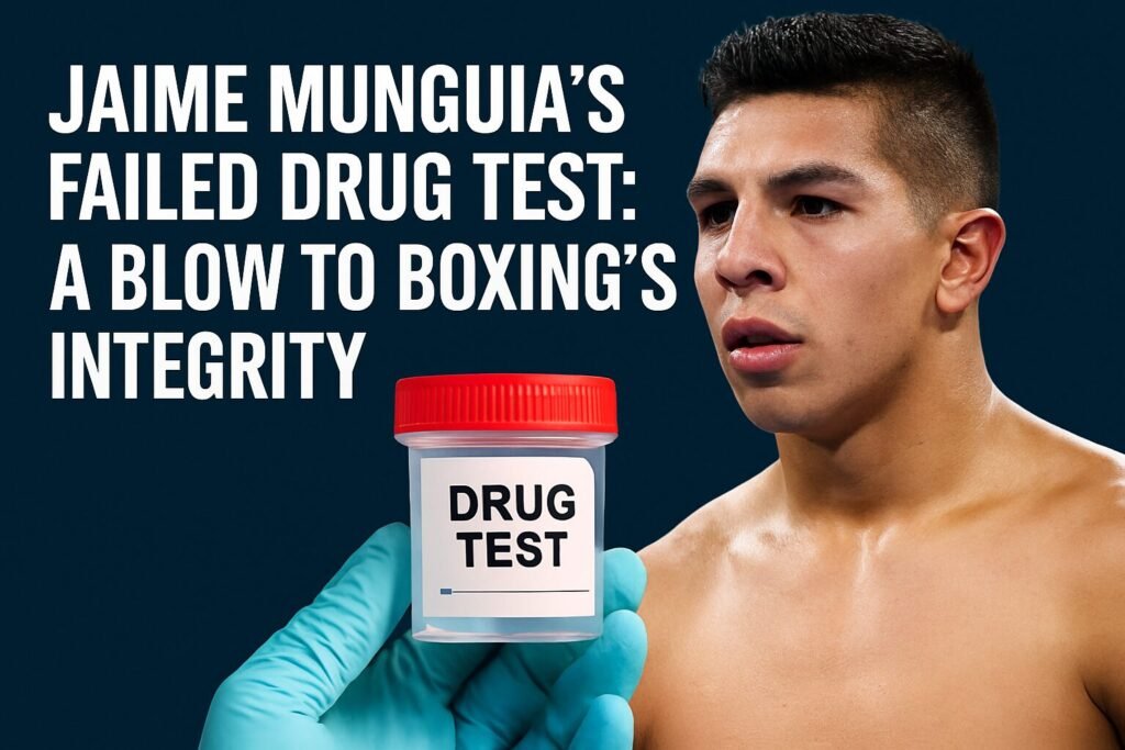 A digital graphic features a headline about professional boxer Jaime Munguía's failed drug test, with bold text stating “JAIME MUNGUÍA’S FAILED DRUG TEST: A BLOW TO BOXING’S INTEGRITY.” On the right side, Munguía is shown looking serious, while a gloved hand holds a drug test container in the foreground.