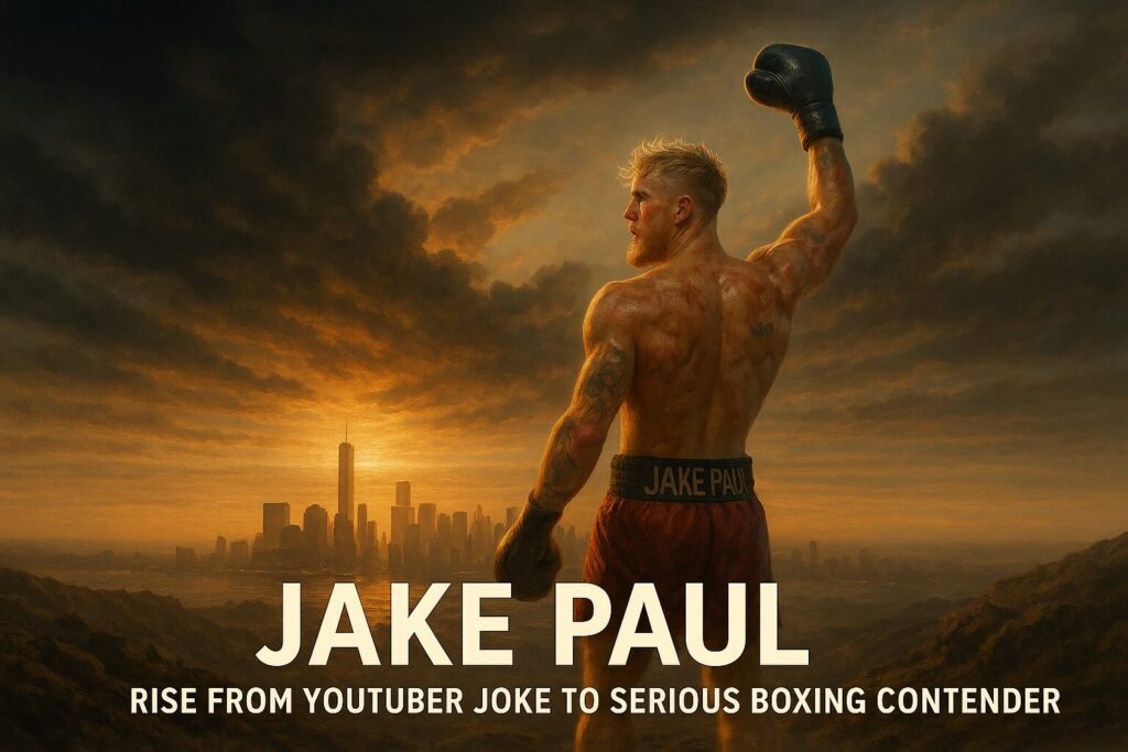 Cinematic digital landscape of Jake Paul standing triumphant at sunset, overlooking a distant city skyline, symbolising his rise from YouTuber to serious boxing contender — highlighting the keyword Jake Paul cruiserweight.