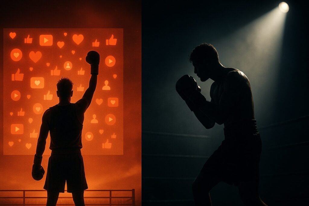 Cinematic split-image showing a boxer in front of glowing social media icons on one side and the same boxer in a traditional ring under spotlight on the other, symbolising Jake Paul's journey from influencer to real boxer.