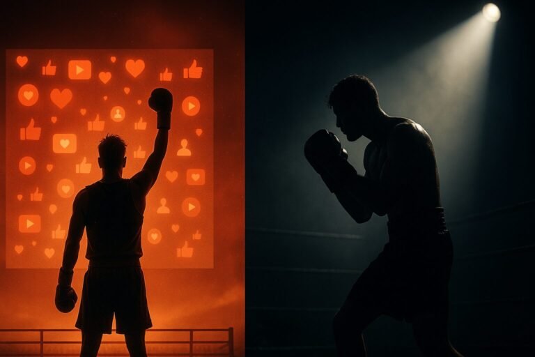 Cinematic split-image showing a boxer in front of glowing social media icons on one side and the same boxer in a traditional ring under spotlight on the other, symbolising Jake Paul's journey from influencer to real boxer.