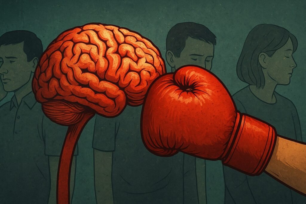 Illustration of a red boxing glove punching a human brain while multiple people look away, symbolising the ongoing issue of boxing memory loss and the sport’s neglect of brain trauma.