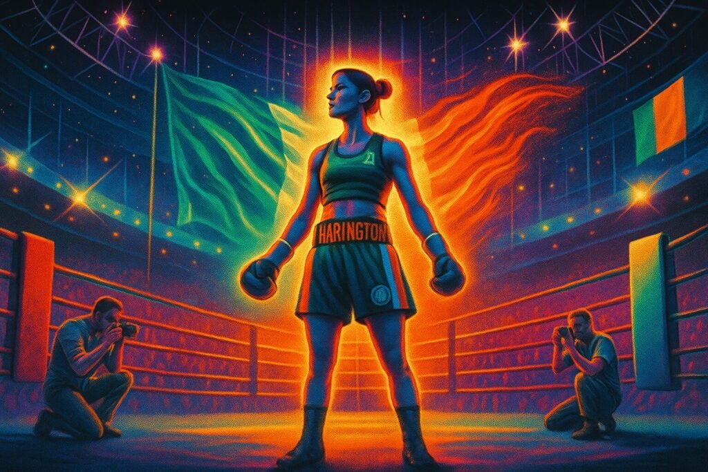 "Kellie Harrington comeback – A vibrant, cinematic digital illustration of an Irish female boxer standing strong in the spotlight of a packed arena, flanked by the Irish flag, with photographers capturing her return."