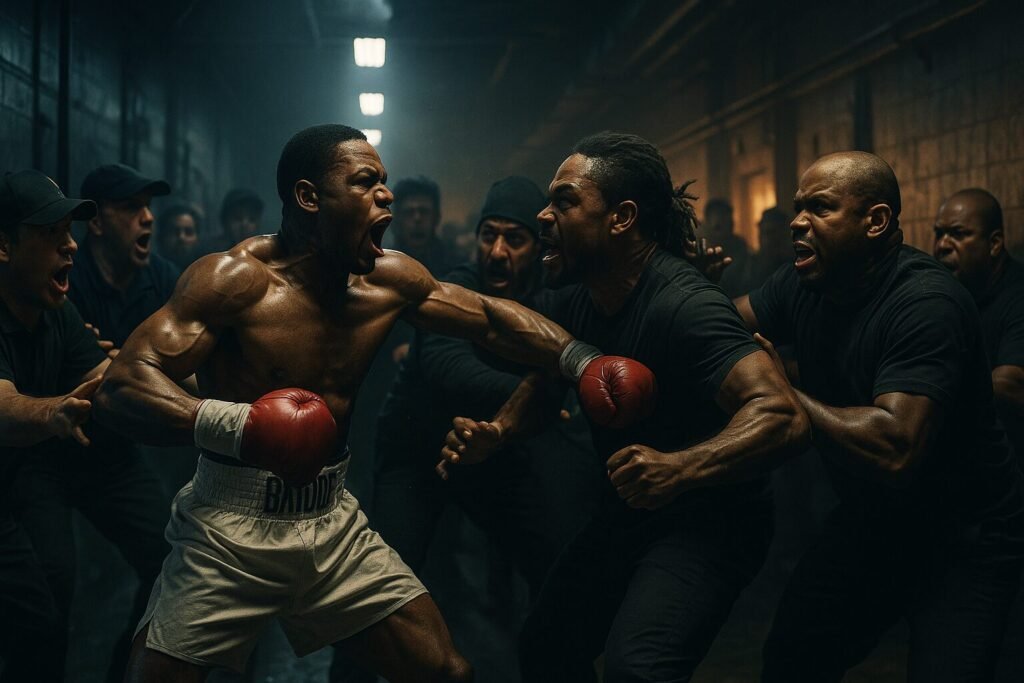 A cinematic digital painting captures a chaotic backstage brawl between fighters and their teams, symbolising the tension of the Albright Davis brawl in Virginia.