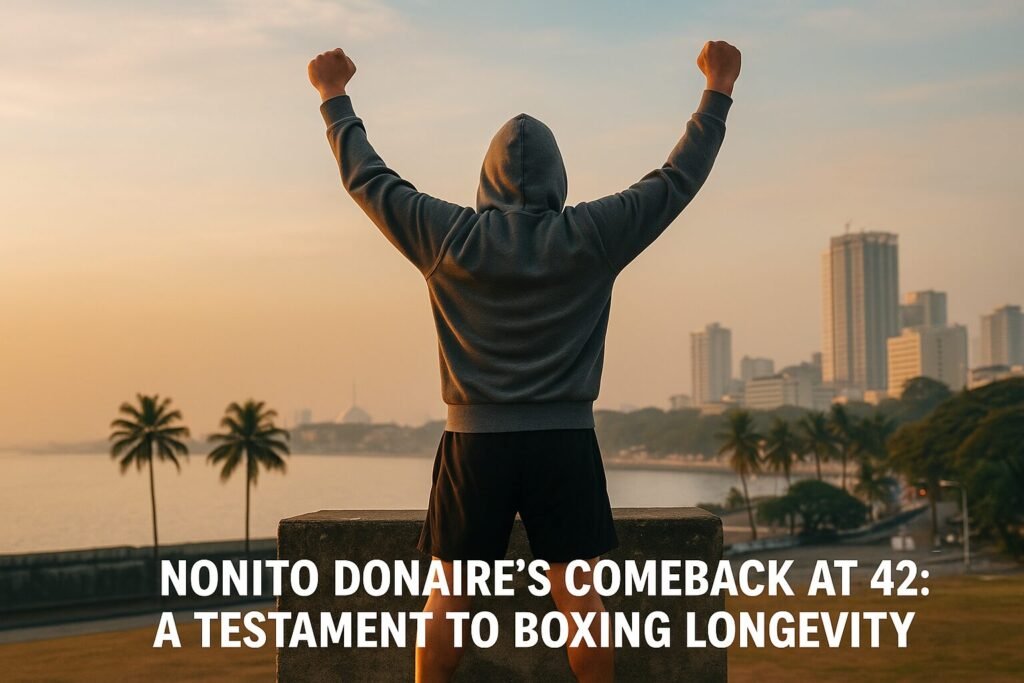 Nonito Donaire stands triumphantly on a seaside platform in the Philippines at sunrise, wearing a hoodie with arms raised, symbolising his boxing comeback at 42. A coastal skyline, palm trees, and warm orange light frame the scene, evoking a Rocky-style training moment with a tropical twist.