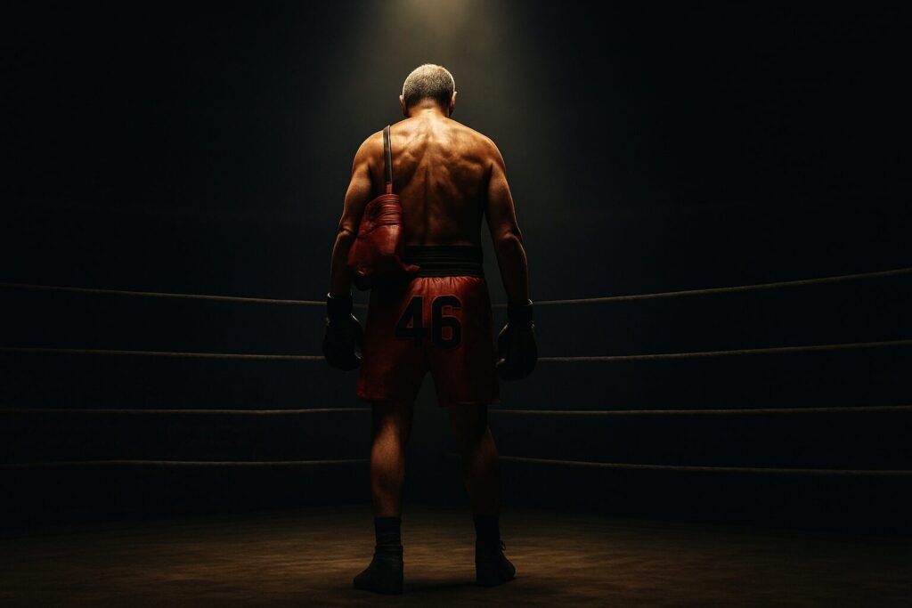 A dramatic image of an ageing boxer standing alone in a darkened ring under a spotlight, wearing red shorts marked “46”, symbolising the Pacquiao safety return debate.