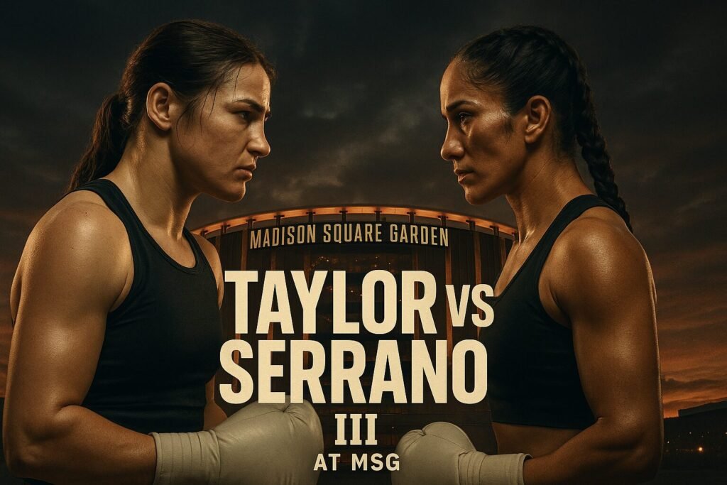 Katie Taylor and Amanda Serrano face off in front of Madison Square Garden under a dramatic dusk sky, promoting their historic trilogy fight on 11 July — the first all-women global boxing mega-event streamed live on Netflix.