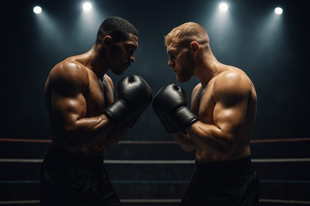 A dramatic digital image symbolising the AJ Jake Paul fight, featuring two generic boxers facing off under bright spotlights in a darkened ring, representing the clash between spectacle and legacy in modern boxing.