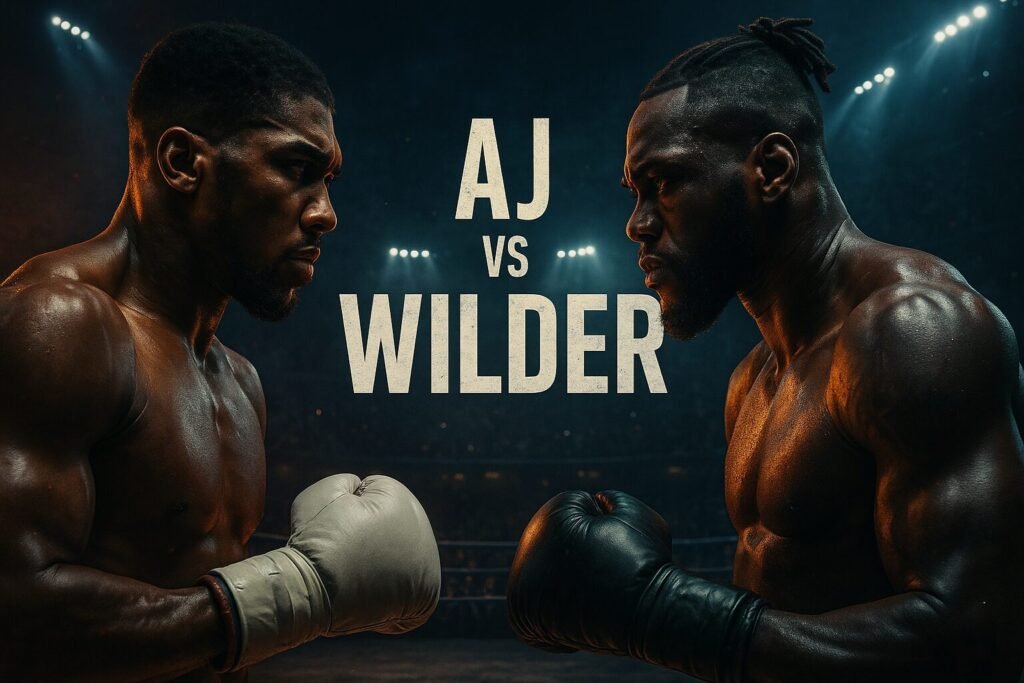 AJ Wilder fight 2025 – digital promotional image of Anthony Joshua and Deontay Wilder facing off in a dramatic, cinematic boxing ring stare-down, lit by arena spotlights with intense red and blue tones, symbolising their long-awaited heavyweight clash.