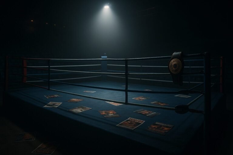 Empty boxing ring under spotlight with scattered posters and a world title belt — symbolising boxing promoters 2025 and the emptiness of the heavyweight division.