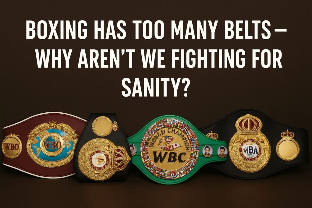 A cinematic digital image of five championship boxing belts laid out side by side on a dark background, with bold white text above reading “BOXING HAS TOO MANY BELTS — WHY AREN’T WE FIGHTING FOR SANITY?” This dramatic visual represents the issue of boxing belt overload.