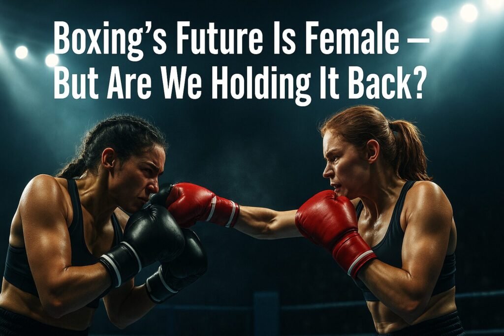 A dramatic image of two women boxing under bright arena lights, with the text "Boxing’s Future Is Female — But Are We Holding It Back?" displayed above. Designed to reflect the rise and challenges of the women’s boxing future.