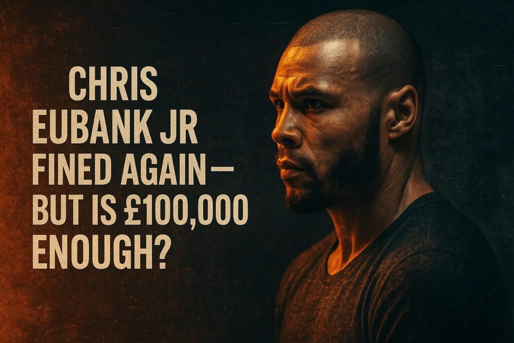 Landscape image created. Alt text: "Chris Eubank Jr fine 2025 – dramatic digital artwork showing Eubank Jr in intense profile beside bold headline questioning whether £100,000 is enough."