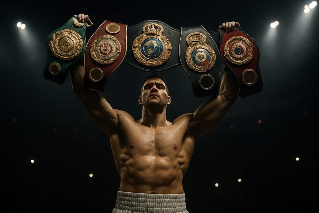 A digital cinematic image of a generic male boxer holding up all four championship belts in a dramatic arena setting, symbolising undisputed boxing titles.