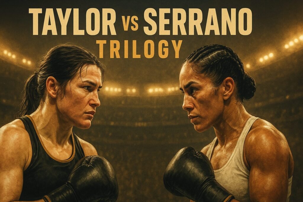 A cinematic digital illustration of Katie Taylor and Amanda Serrano facing off under arena lights, capturing the intensity and significance of the Taylor Serrano trilogy in women's boxing history.