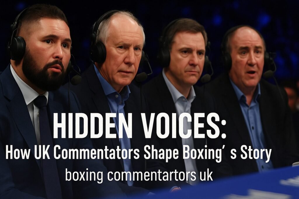 Four UK boxing commentators — Tony Bellew, Jim Watt, Andy Clarke, and Steve Bunce — seated ringside with headsets on, intensely focused, under arena lights. Feature image for article about boxing commentators UK."