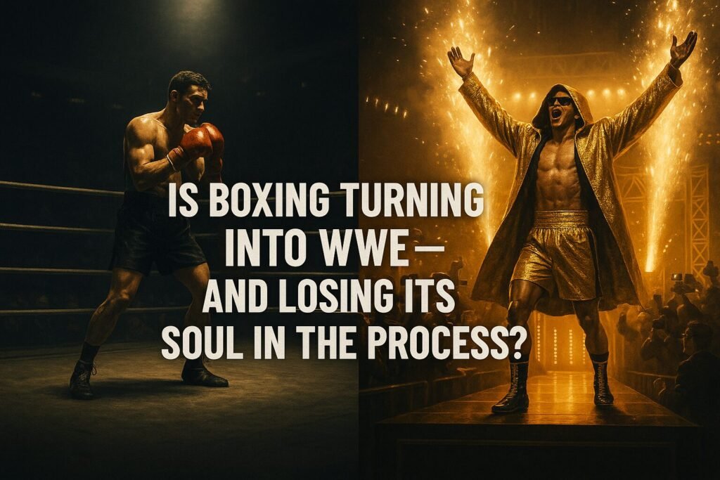 A dramatic, high-quality, split-image digital illustration showing a serious boxer in a ring on the left and a flashy, WWE-style performer on the right, with the bold text “Is Boxing Turning into WWE — And Losing Its Soul in the Process?” placed centrally, capturing the boxing WWE comparison theme visually.