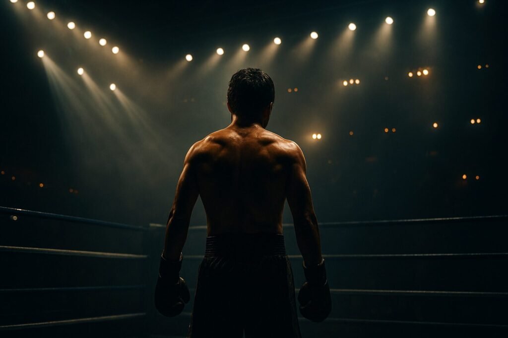Landscape digital image of a lone boxer under cinematic lighting in the ring, representing the Manny Pacquiao comeback 2025.