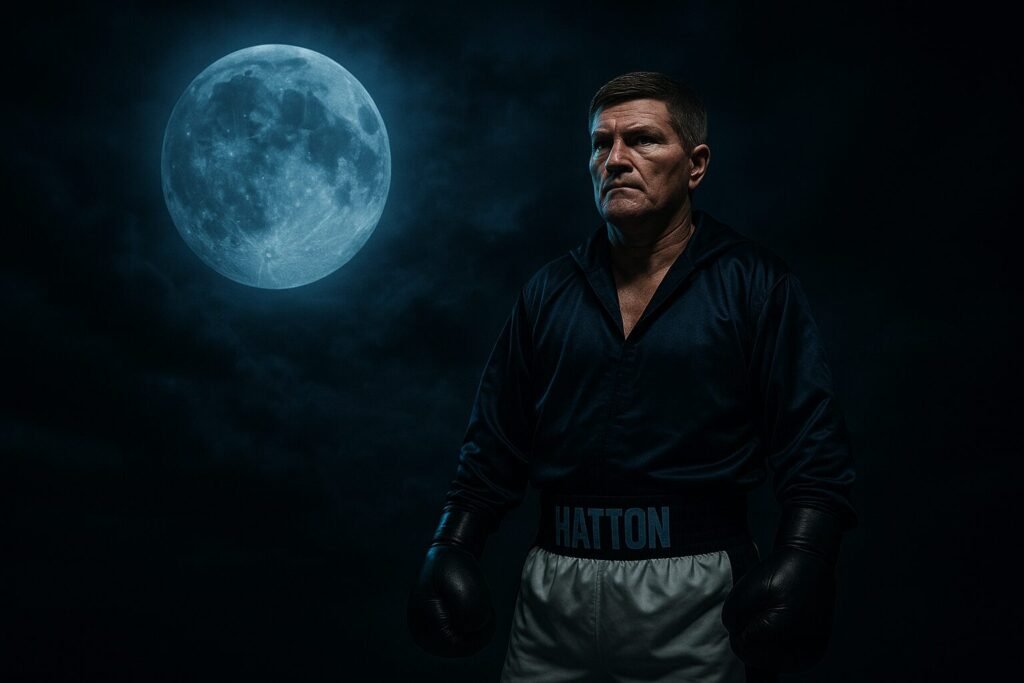 A cinematic, digital photograph captures Ricky Hatton in boxing gear under a glowing blue moon — a dramatic nod to his iconic ring walk. The feature image is styled to represent the emotional and controversial nature of the Ricky Hatton comeback.
