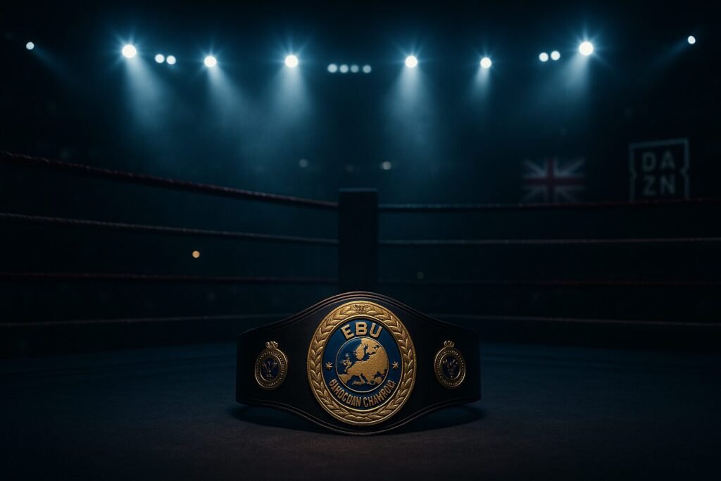 A photograph captures a boxing ring under dramatic arena lighting, with a European championship belt in the foreground. The DAZN and UK flags appear in the background, symbolising the high-stakes showdown for the Ryan Garner European champion blog post.