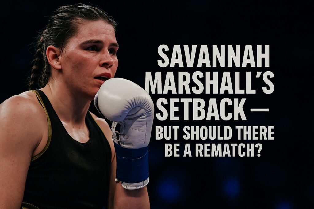 Savannah Marshall loss — digital cinematic feature image showing a focused Savannah Marshall in the ring with text overlay: "Savannah Marshall’s Setback — But Should There Be a Rematch?"