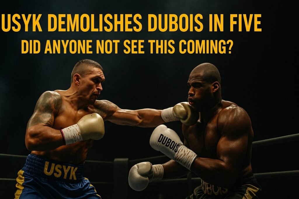A cinematic, digital image shows Oleksandr Usyk landing a powerful left hook on Daniel Dubois in a dramatic, spotlight-lit boxing ring, with bold yellow headline text reading, "USYK DEMOLISHES DUBOIS IN FIVE — DID ANYONE NOT SEE THIS COMING?"