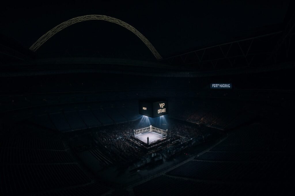A wide-angle night view of Wembley Stadium during the Usyk vs Dubois fight, with a spotlight on the central boxing ring surrounded by a patchy crowd, and vast areas of empty seats under the iconic lit Wembley Arch.