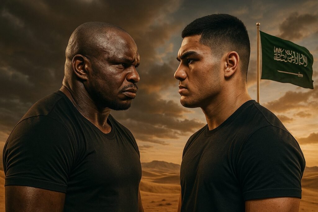 “Dillian Whyte and Moses Itauma face off in the Saudi Arabian desert with the national flag waving in the background, capturing the intensity and global spotlight of their upcoming Riyadh clash.”