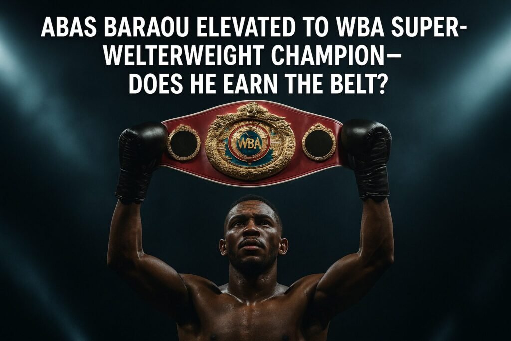 Digital cinematic image of Abass Baraou champion, standing shirtless under dramatic arena lights, holding the WBA super-welterweight title belt aloft with determination, symbolising his elevation to full champion.