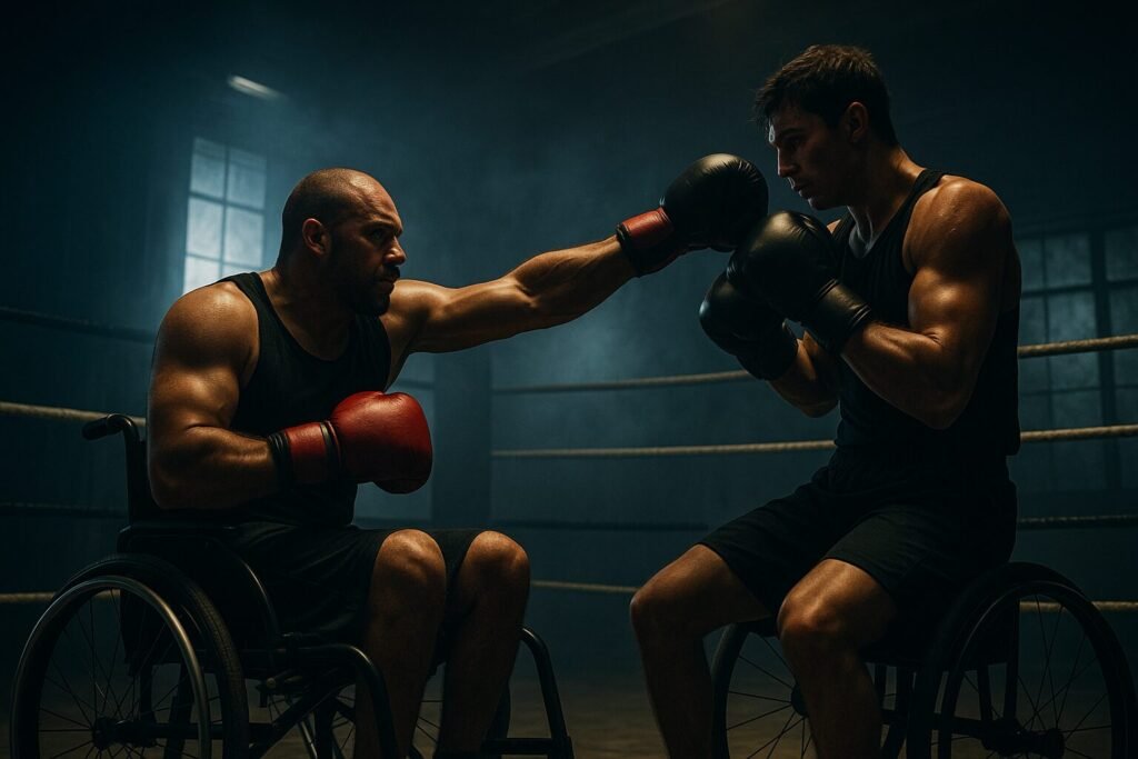A dramatic cinematic scene of adaptive boxing, showing two wheelchair boxers trading punches under a spotlight in a darkened ring, symbolising strength, resilience, and the rise of adaptive boxing.