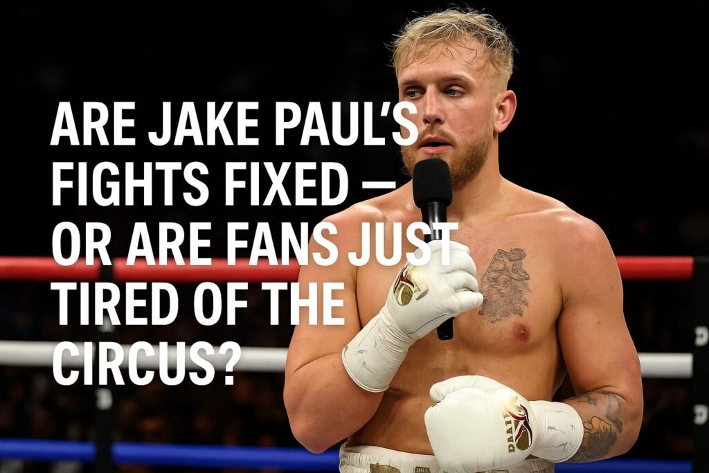 Jake Paul in a boxing ring holding a microphone post-fight, with the text overlay "ARE JAKE PAUL’S FIGHTS FIXED — OR ARE FANS JUST TIRED OF THE CIRCUS?" featuring dramatic lighting and a cinematic feel, illustrating the controversy around Jake Paul fixed fights.